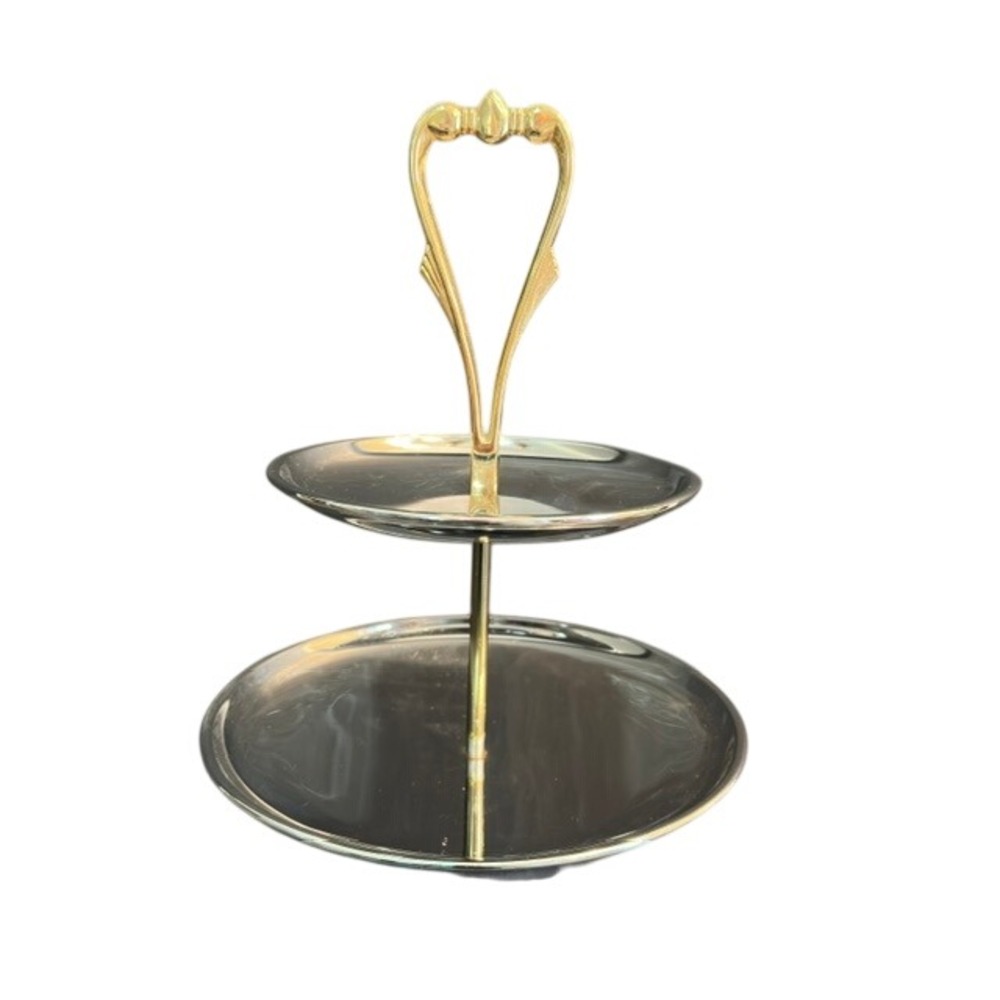Vintage Kromex Tidbit 2-Tier Chrome‎ Gold Handle MCM Serving Tray Stand 11.5in